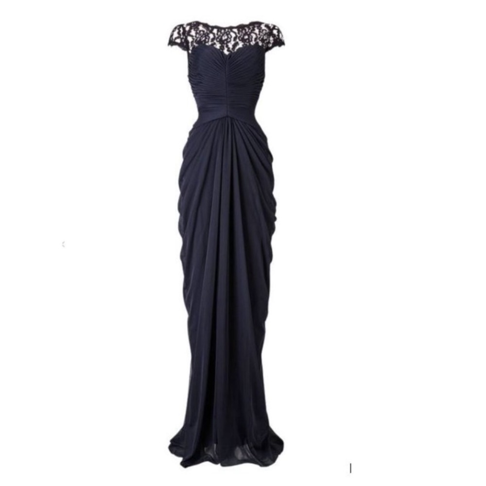 Adrianna Papell Navy Women's Lace Yoke Drape Mesh Gown, size 4